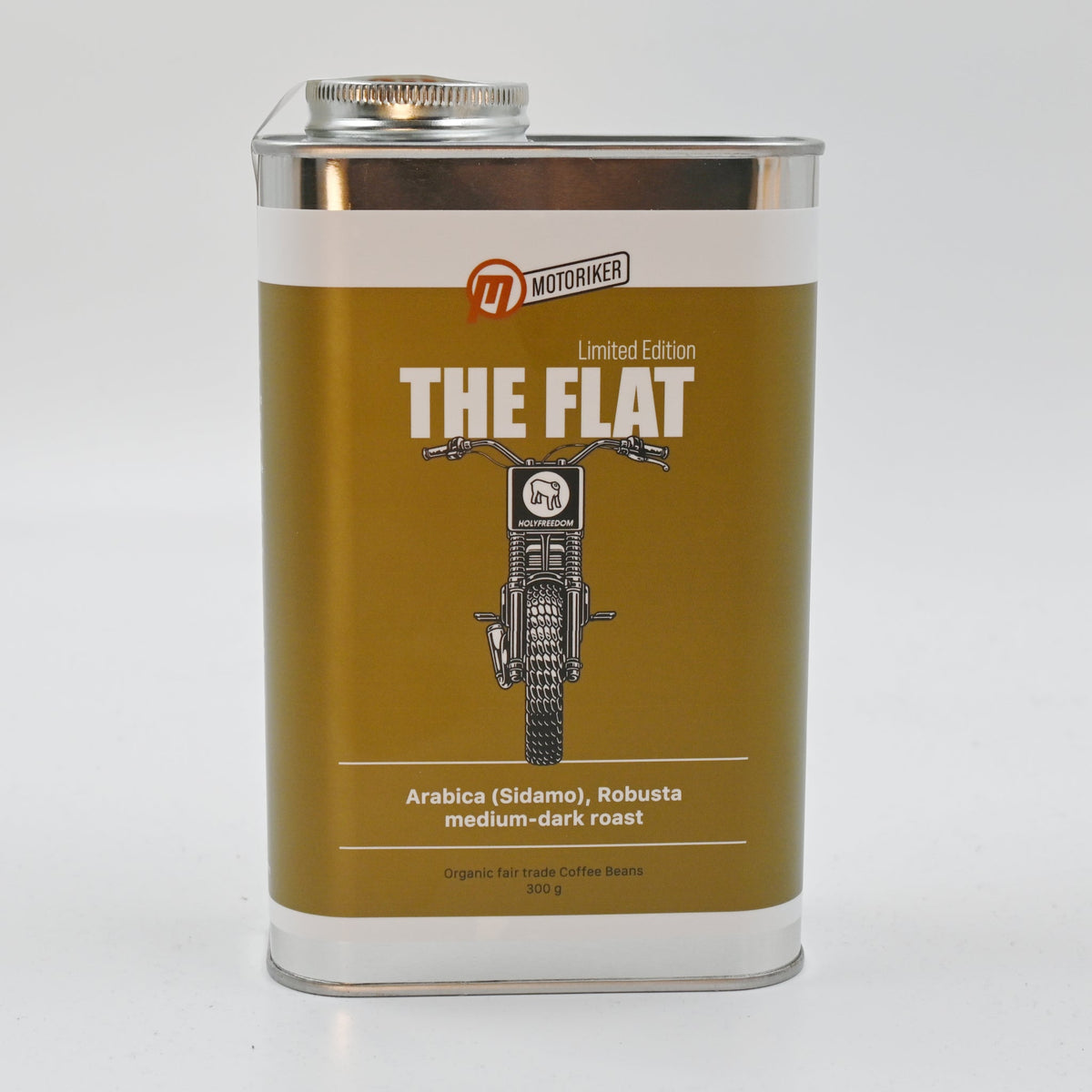 Motoriker Coffee The Flat, goldene Kaffeedose mit Motorradmotiv