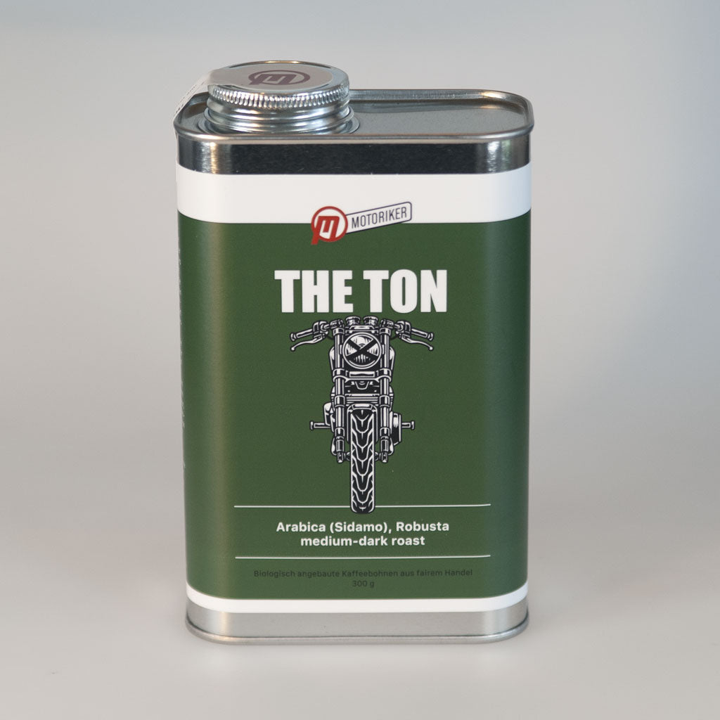 Motoriker Coffee The Ton, grüne Kaffeedose mit Motorradmotiv